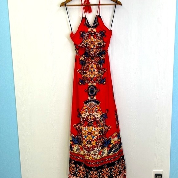 Forever 21 - Bright Orange With Colorful Design Halter Maxi Dress Size Small - Picture 7 of 11